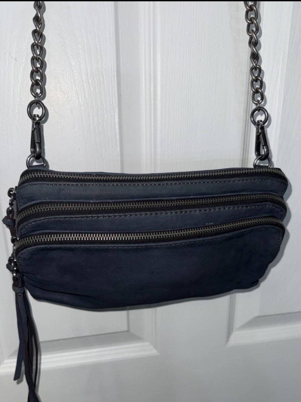Treasure & Bond Shoulder/Crossbody Bag Blue With Silver Hardware Triple Zipper
